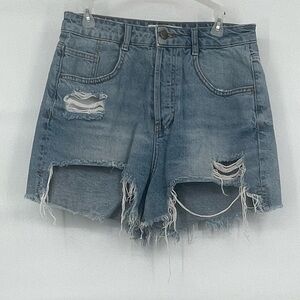 Zara denim light wash distressed cut off mom shorts